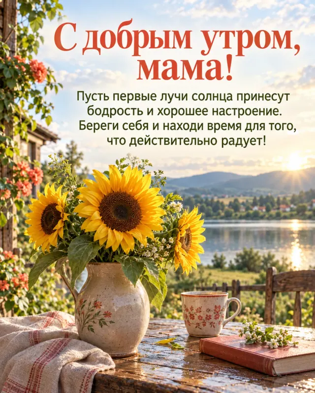 С добрым утром, мама! — солнечные подсолнухи в деревенском кувшине на фоне спокойного озера и далёких холмов, светлое небо после короткого дождя