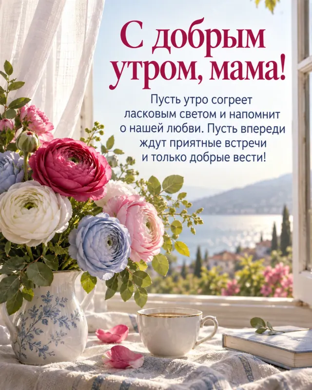С добрым утром, мама! — пастельные ранункулюсы и зелёные листья возле открытого окна с лёгкой занавеской, солнечная дорожка и прозрачный воздух
