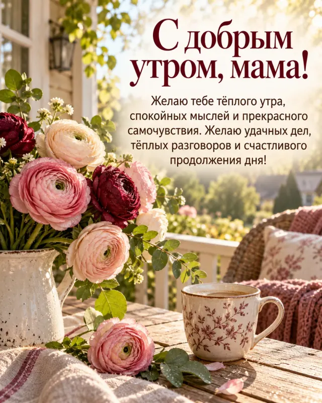 С добрым утром, мама! — пастельные ранункулюсы и зелёные листья на уютной веранде загородного дома, тёплые солнечные блики и свежая роса