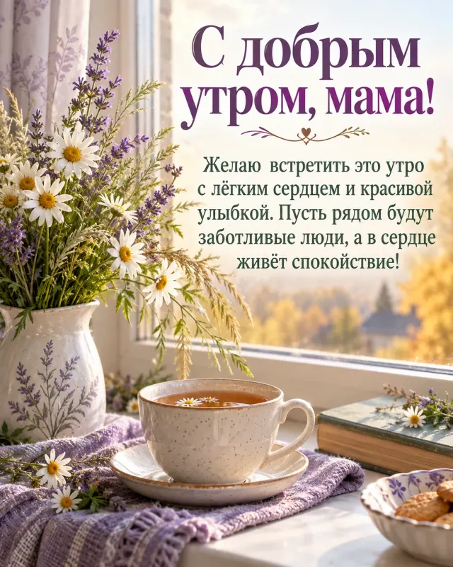 С добрым утром, мама! — полевые ромашки и мягкая трава на кухонном подоконнике рядом с чашкой чая, уютный свет нового осеннего дня