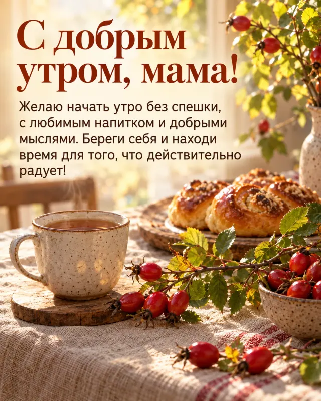 С добрым утром, мама! — веточки шиповника с красными плодами на льняной скатерти рядом с тёплой выпечкой, медовый свет, проходящий сквозь листву