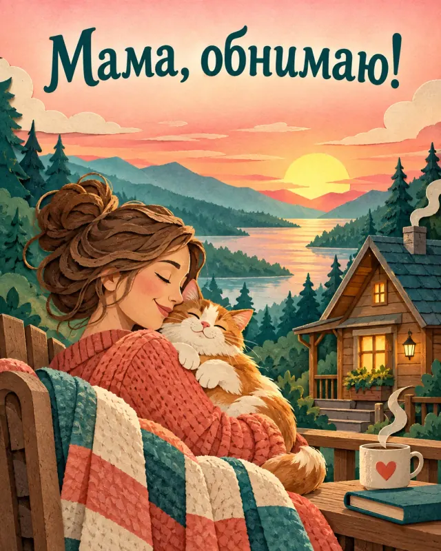 Мама, обнимаю! Маленький деревянный домик светится на фоне зелёного сияния и розового рассвета.
