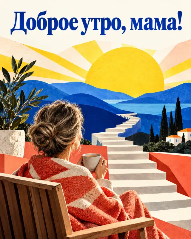 Доброе утро, мама! Геометрическая лестница ведёт прямо к большому жёлтому солнцу над синими холмами.