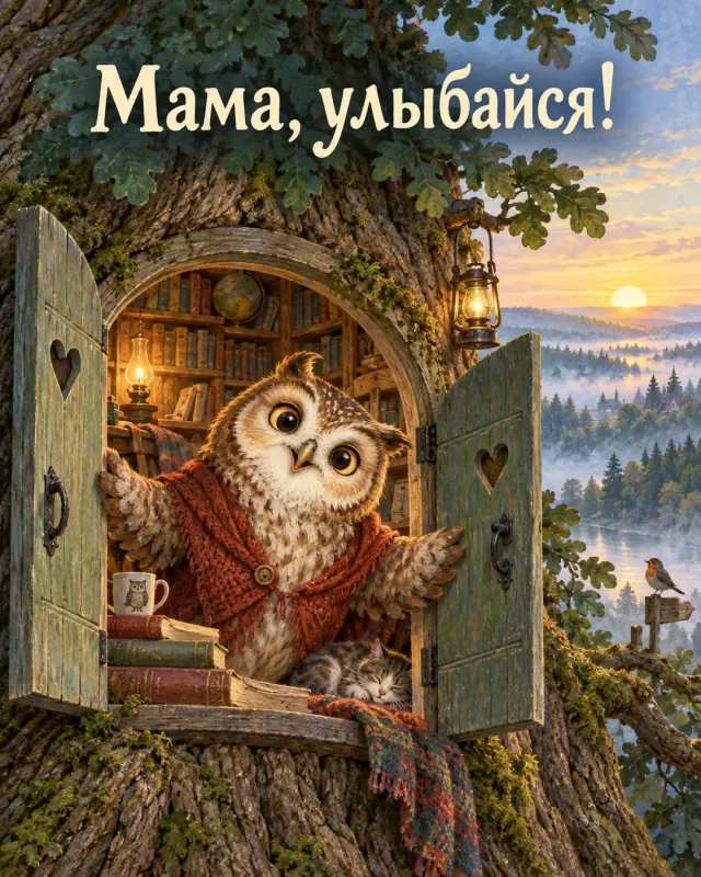 Мама, улыбайся! Добрая сова открывает ставни маленькой библиотеки внутри старого дуба.