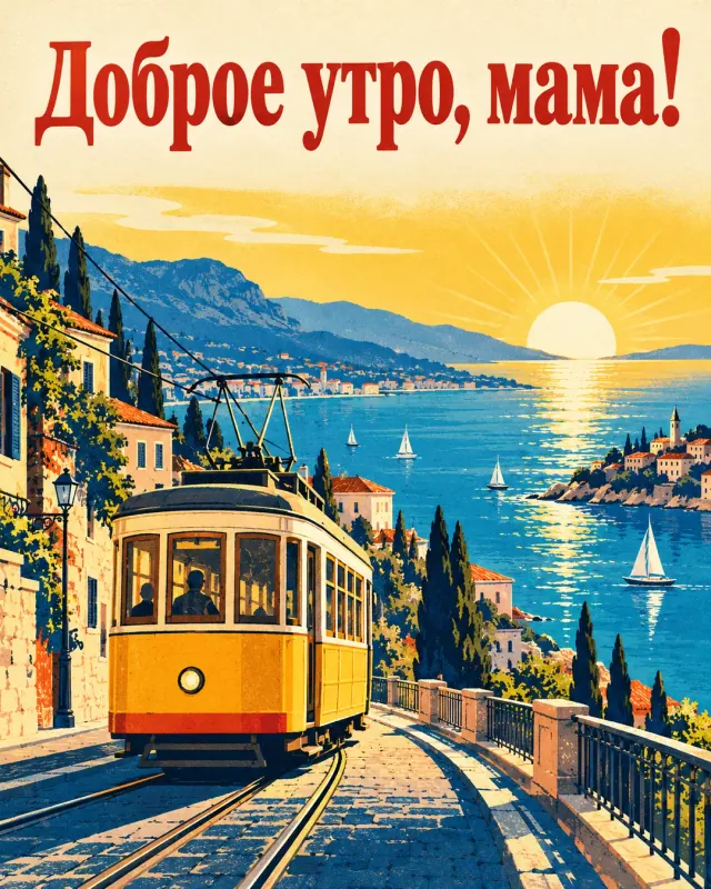 Доброе утро, мама! Жёлтый трамвай идёт вдоль синей бухты к солнцу над горизонтом.