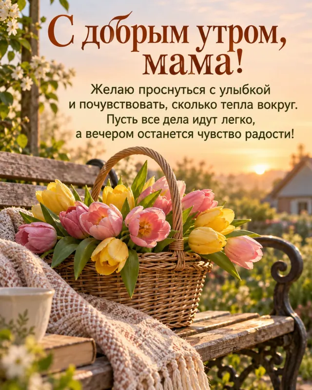 С добрым утром, мама! — розовые и жёлтые тюльпаны в плетёной корзине на садовой скамье, мягкий персиковый свет раннего утра