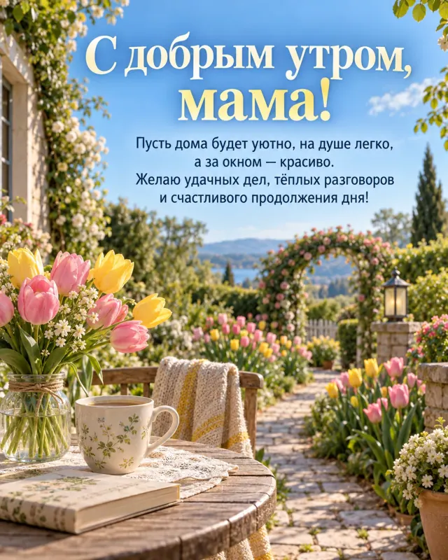 С добрым утром, мама! — розовые и жёлтые тюльпаны в тихом саду с извилистой дорожкой, ясное утро с нежно-голубым небом