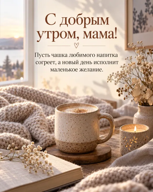 Уютная открытка с добрым утром для мамы, чашка напитка, плед и свеча