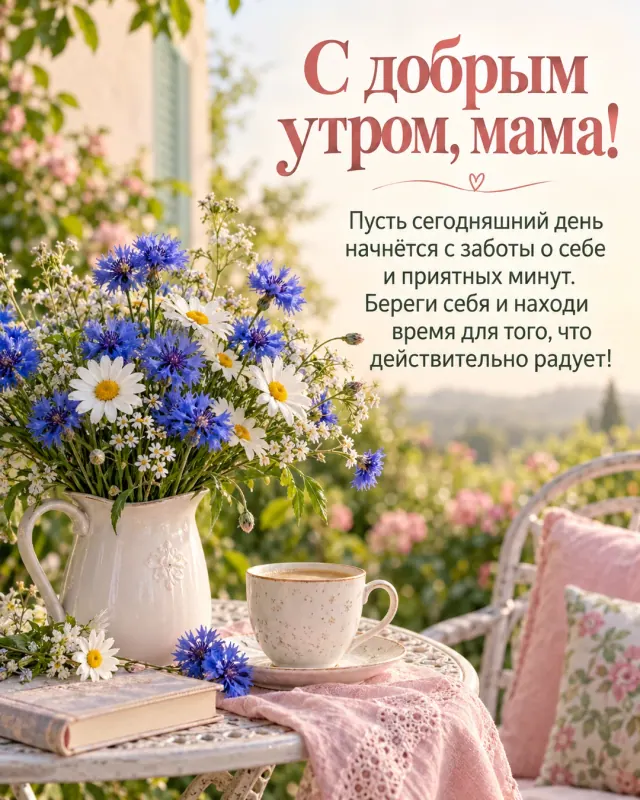 С добрым утром, мама! — букет синих васильков и белых ромашек на маленьком столике среди цветущей зелени, спокойное молочное утро без резких теней