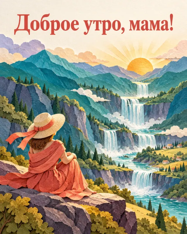 Доброе утро, мама! Многоярусный водопад спускается между бирюзовыми горами к солнечной долине.