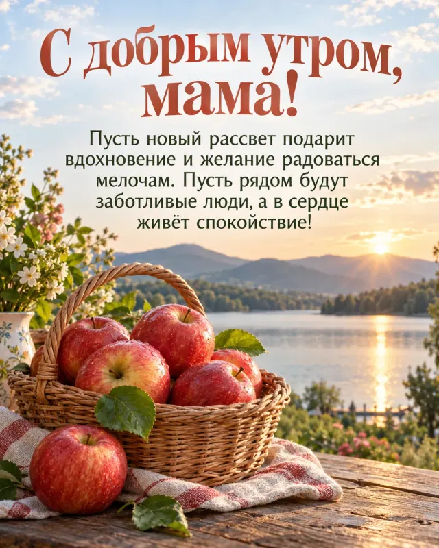 С добрым утром, мама! — красные яблоки в плетёной корзине на фоне спокойного озера и далёких холмов, светлое небо после короткого дождя