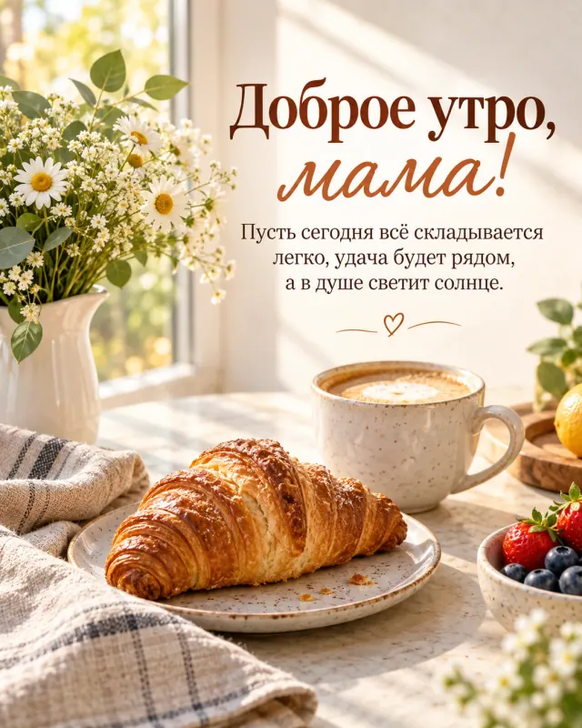 Солнечная открытка с добрым утром для мамы, круассан и чашка кофе на столе