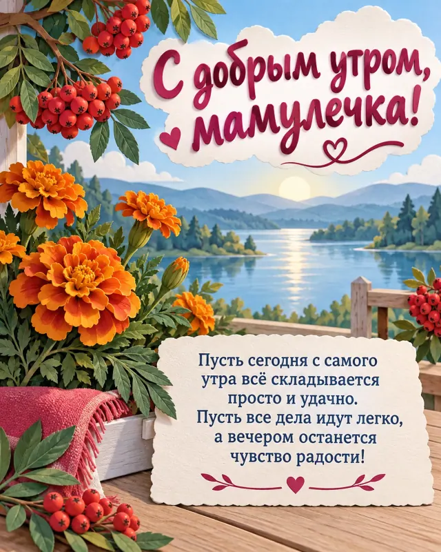 С добрым утром, мамулечка! — оранжевые бархатцы и веточки рябины на фоне спокойного озера и далёких холмов, ясное утро с нежно-голубым небом
