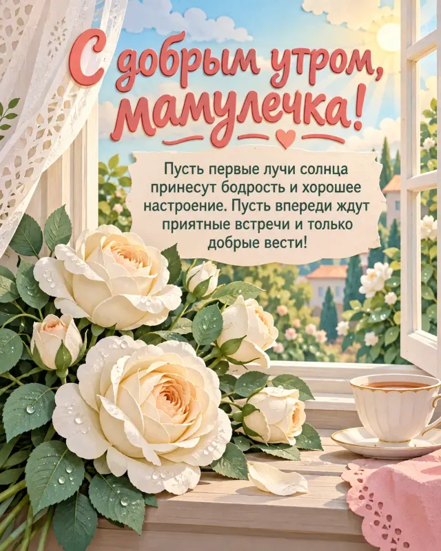 С добрым утром, мамулечка! — белые садовые розы с каплями росы возле открытого окна с лёгкой занавеской, светлое небо после короткого дождя