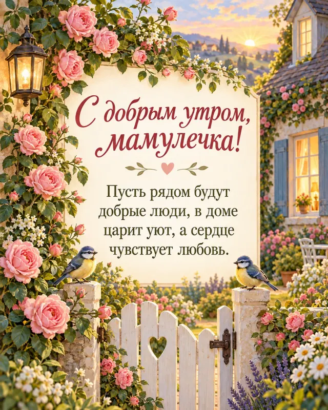 Сказочная открытка с добрым утром для мамулечки, розовый сад, птицы и уютный дом