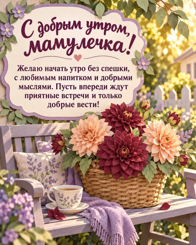 С добрым утром, мамулечка! — бордовые и персиковые георгины в плетёной корзине на садовой скамье, медовый свет, проходящий сквозь листву