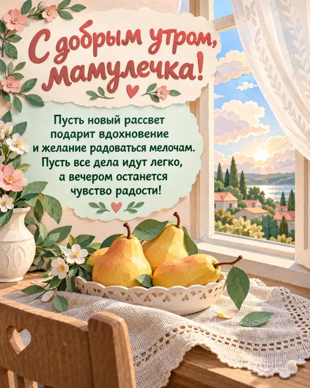 С добрым утром, мамулечка! — золотистые груши на льняной салфетке возле открытого окна с лёгкой занавеской, светлое небо после короткого дождя