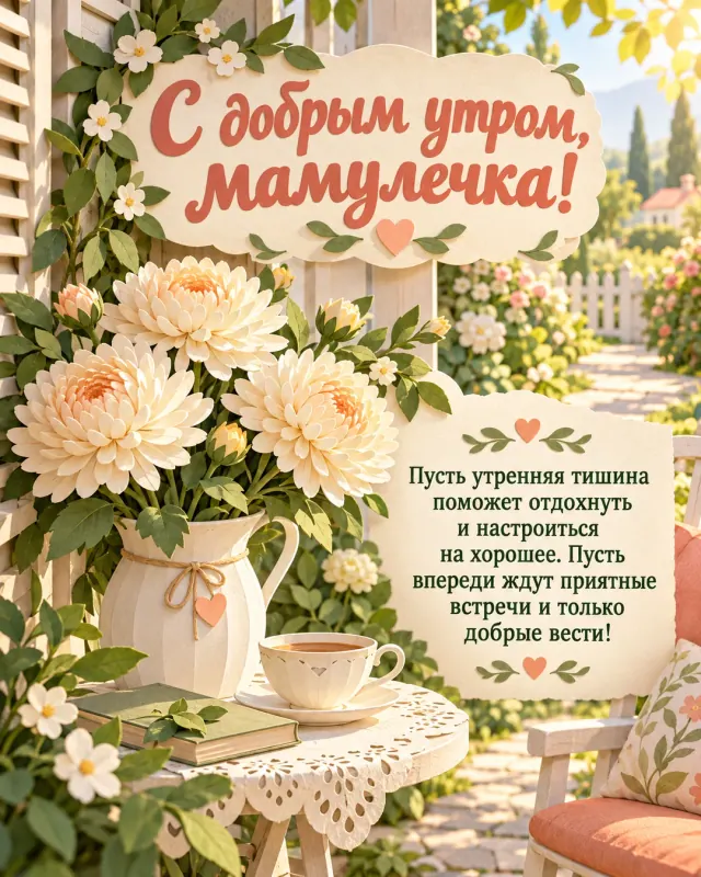 С добрым утром, мамулечка! — нежные кремовые хризантемы на маленьком столике среди цветущей зелени, солнечная дорожка и прозрачный воздух