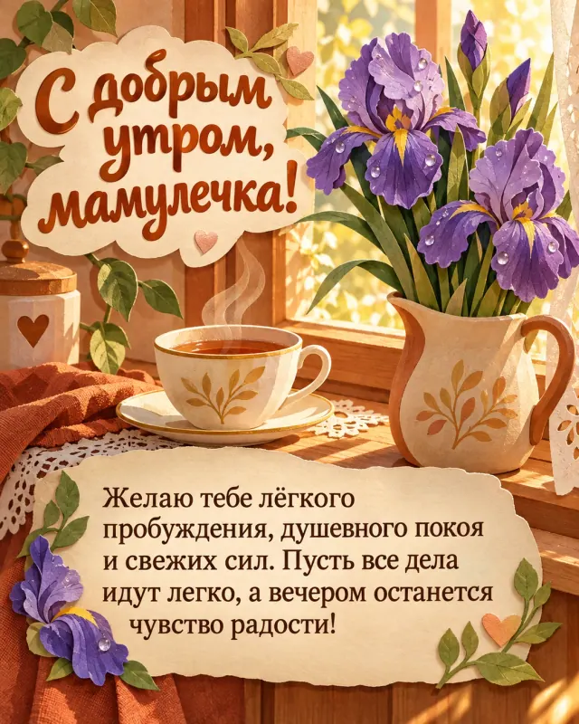 С добрым утром, мамулечка! — фиолетовые ирисы в утреннем свете на кухонном подоконнике рядом с чашкой чая, тёплые солнечные блики и свежая роса