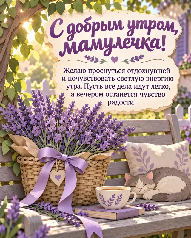 С добрым утром, мамулечка! — ароматный букет лаванды с атласной лентой в плетёной корзине на садовой скамье, медовый свет, проходящий сквозь листву