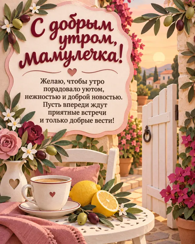 С добрым утром, мамулечка! — лимоны, веточки оливы и белая чашка у белой калитки уютного дома, мягкий персиковый свет раннего утра