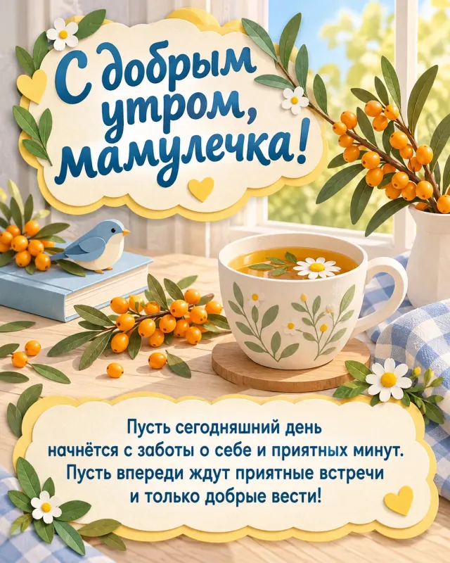 С добрым утром, мамулечка! — веточки облепихи и тёплый травяной чай на светлом деревянном столе у окна, спокойное молочное утро без резких теней