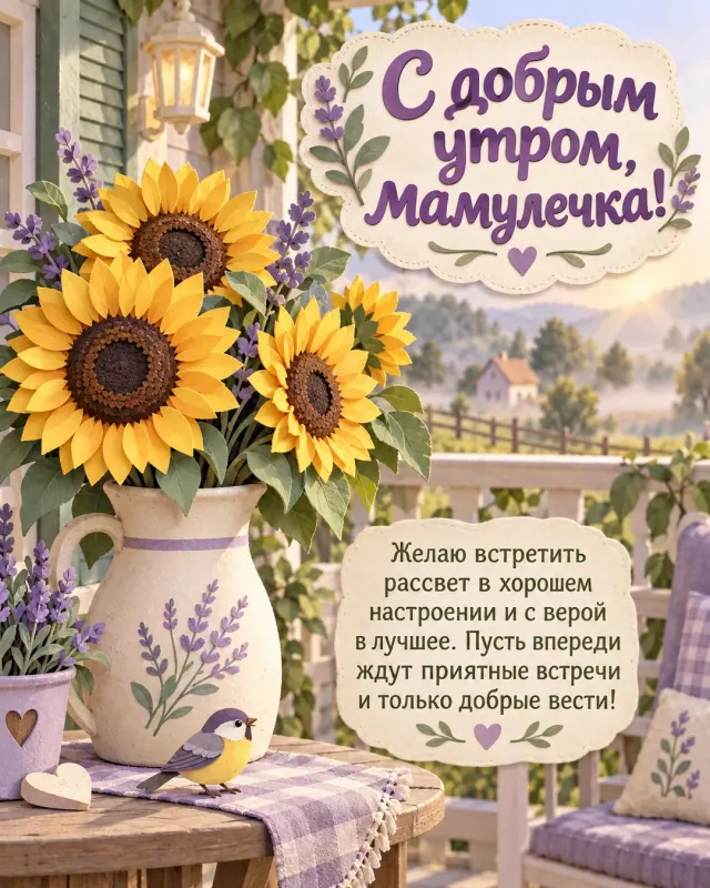 С добрым утром, мамулечка! — солнечные подсолнухи в деревенском кувшине на уютной веранде загородного дома, рассеянный свет и лёгкая утренняя дымка