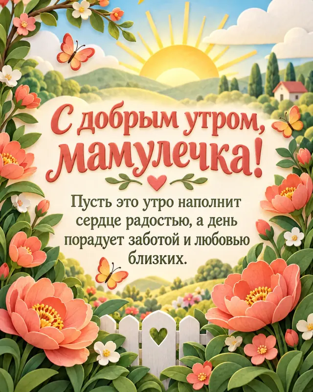 Открытка с добрым утром для мамулечки, объёмный цветочный сад, бабочки и солнце