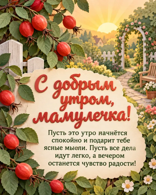 С добрым утром, мамулечка! — веточки шиповника с красными плодами в тихом саду с извилистой дорожкой, первые золотистые лучи рассвета