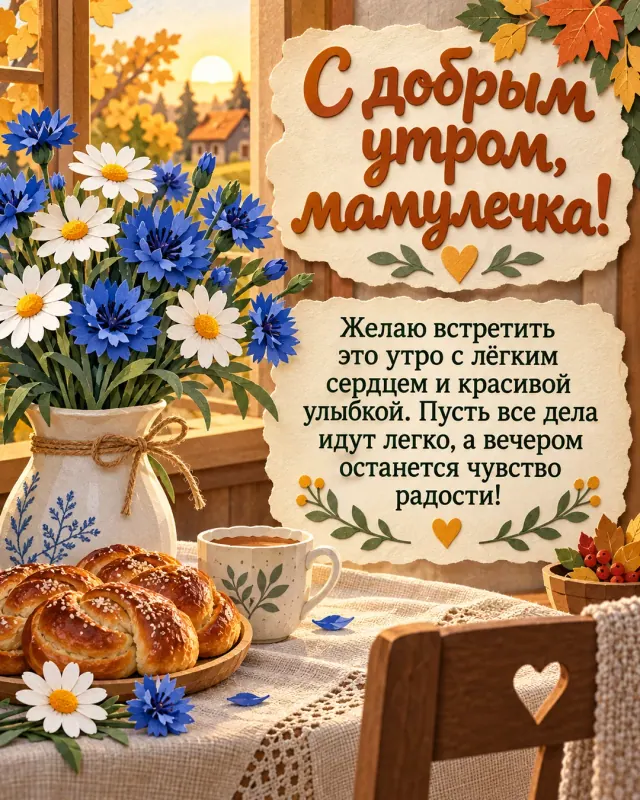 С добрым утром, мамулечка! — букет синих васильков и белых ромашек на льняной скатерти рядом с тёплой выпечкой, уютный свет нового осеннего дня
