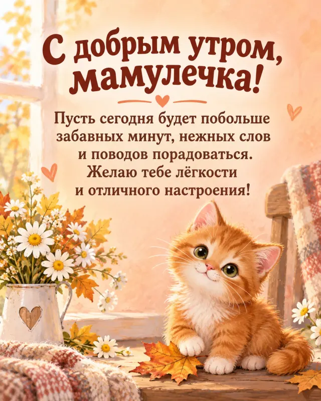 С добрым утром, мамулечка! — весёлый котёнок среди листьев