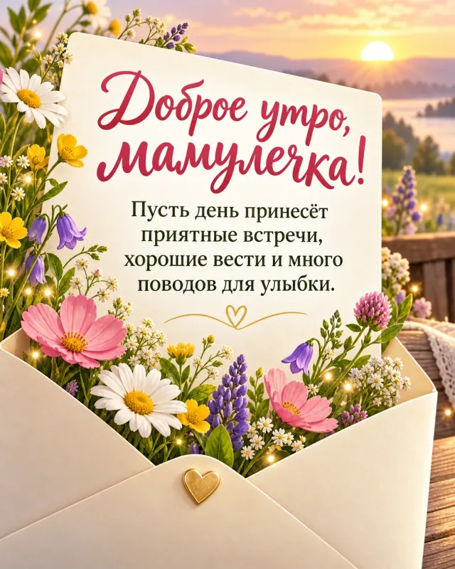 Открытка с добрым утром для мамулечки, конверт с цветами на фоне рассвета