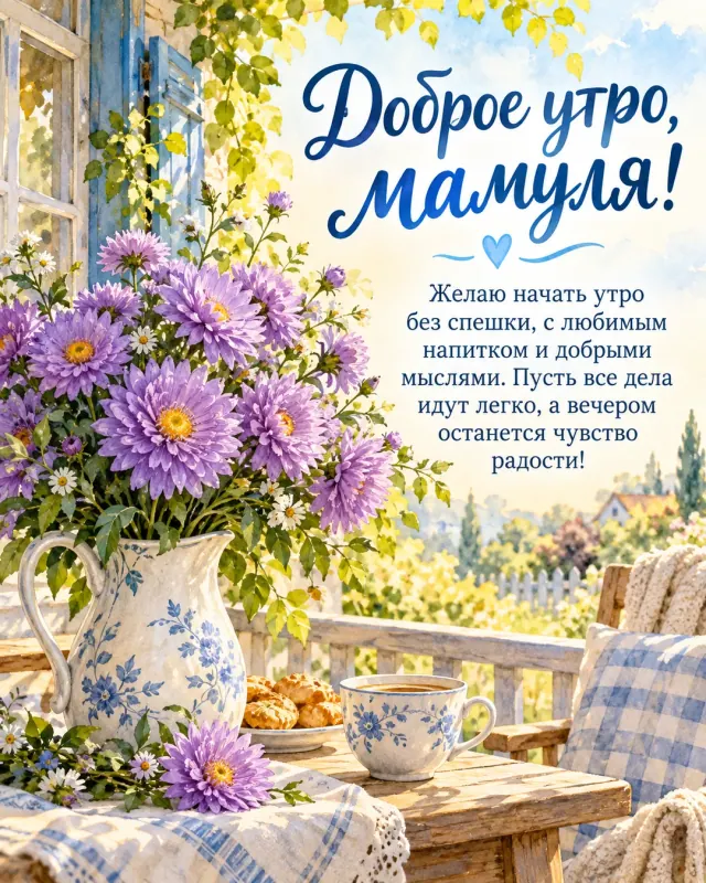 Доброе утро, мамуля! — пышные сиреневые астры в керамическом кувшине на уютной веранде загородного дома, медовый свет, проходящий сквозь листву