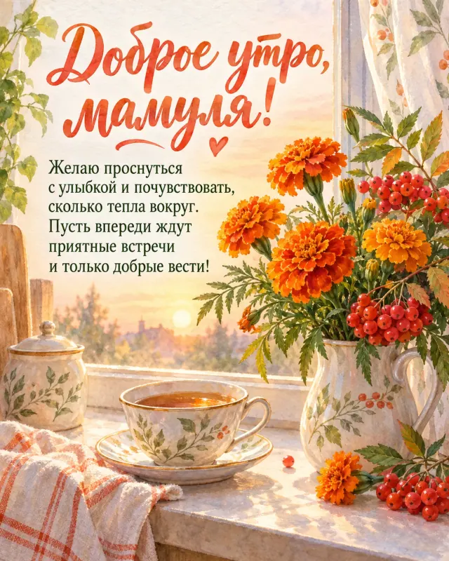 Доброе утро, мамуля! — оранжевые бархатцы и веточки рябины на кухонном подоконнике рядом с чашкой чая, мягкий персиковый свет раннего утра