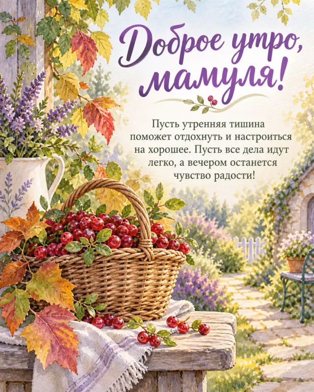 Доброе утро, мамуля! — корзинка спелой брусники и осенние листья в тихом саду с извилистой дорожкой, солнечная дорожка и прозрачный воздух