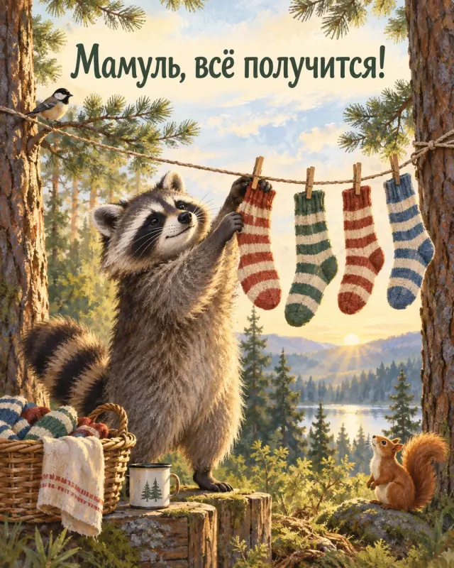 Мамуль, всё получится! Енот развешивает полосатые носки между двумя соснами в солнечном лесу.