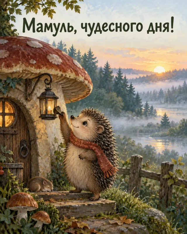 Мамуль, чудесного дня! Маленький ёжик гасит фонарик возле грибного домика, встречая утро.
