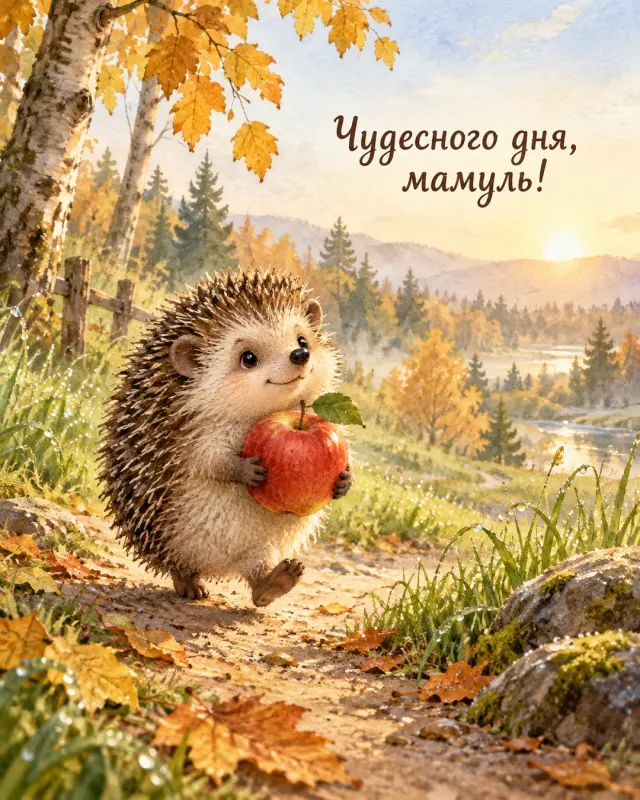 Чудесного дня, мамуль! Маленький ёжик несёт яблоко по осенней дорожке на рассвете.