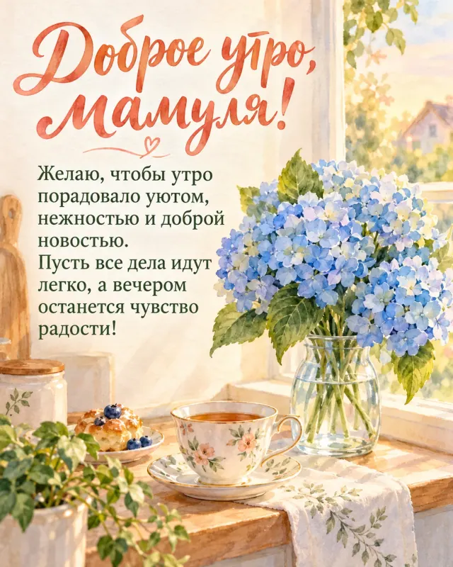Доброе утро, мамуля! — голубые гортензии в прозрачной вазе на кухонном подоконнике рядом с чашкой чая, мягкий персиковый свет раннего утра