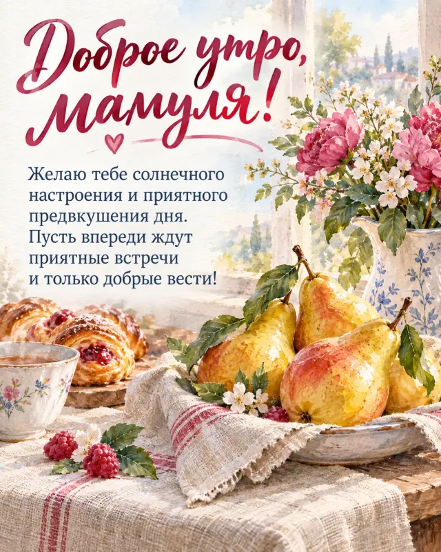 Доброе утро, мамуля! — золотистые груши на льняной салфетке на льняной скатерти рядом с тёплой выпечкой, рассеянный свет и лёгкая утренняя дымка
