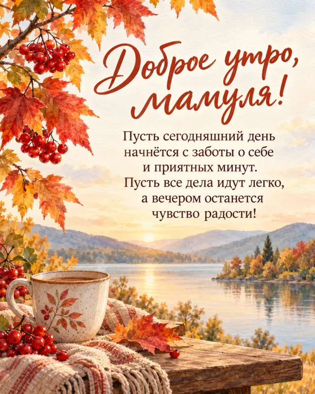 Доброе утро, мамуля! — яркие кленовые листья и красные ягоды на фоне спокойного озера и далёких холмов, спокойное молочное утро без резких теней