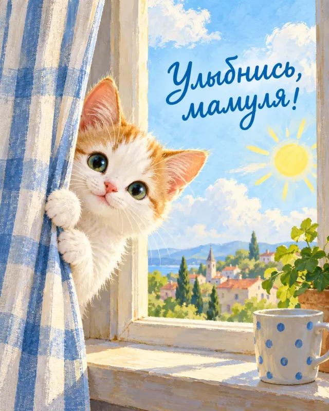 Улыбнись, мамуля! Белый котёнок выглядывает из-за полосатой занавески в солнечное утро.