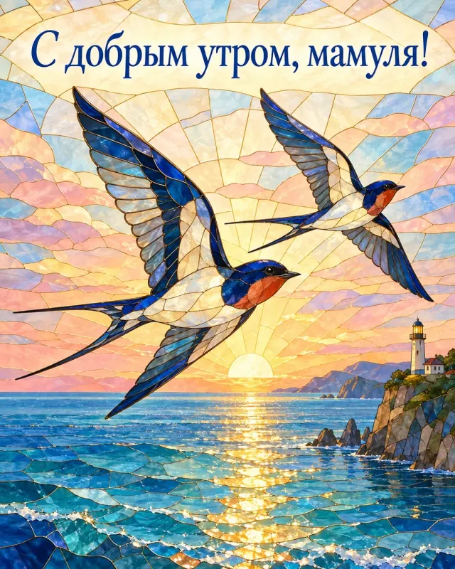 С добрым утром, мамуля! Витражные ласточки летят над морем в лучах рассвета.