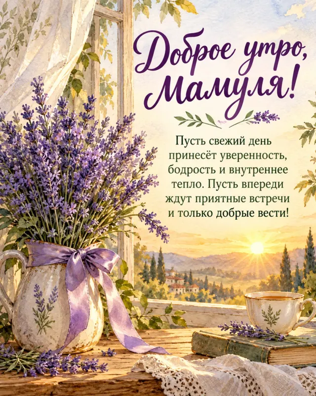 Доброе утро, мамуля! — ароматный букет лаванды с атласной лентой возле открытого окна с лёгкой занавеской, первые золотистые лучи рассвета