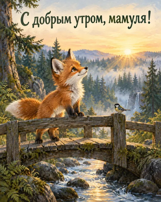 С добрым утром, мамуля! Лисёнок стоит на мостике над ручьём и наблюдает первые солнечные лучи.