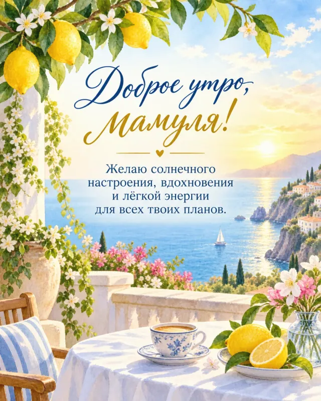 Акварельная открытка с добрым утром для мамули, солнечная терраса у моря и лимоны