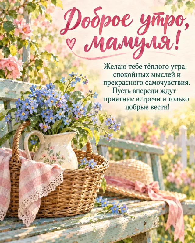 Доброе утро, мамуля! — голубые незабудки в маленьком кувшине в плетёной корзине на садовой скамье, тёплые солнечные блики и свежая роса