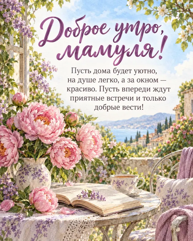 Доброе утро, мамуля! — розовые пионы и раскрытая книга на маленьком столике среди цветущей зелени, ясное утро с нежно-голубым небом