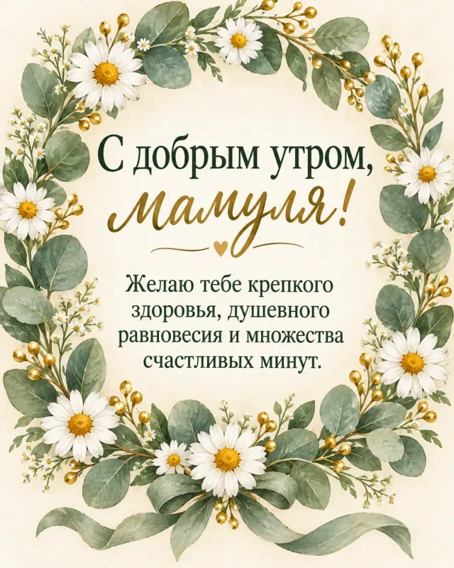 Ботаническая открытка с добрым утром для мамули, венок из эвкалипта и ромашек