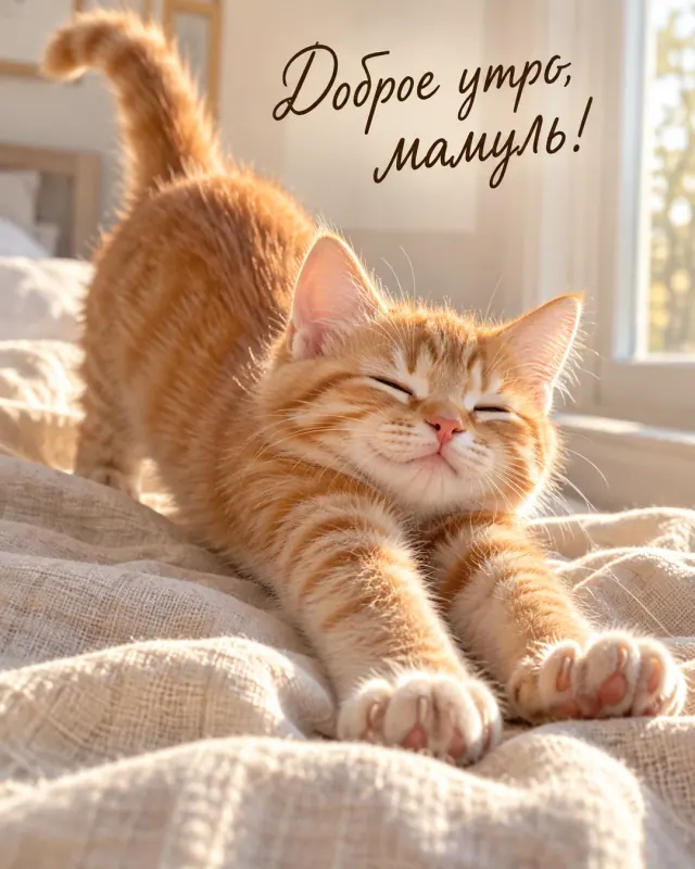 Доброе утро, мамуль! Рыжий котёнок потягивается на светлом пледе в солнечное утро.